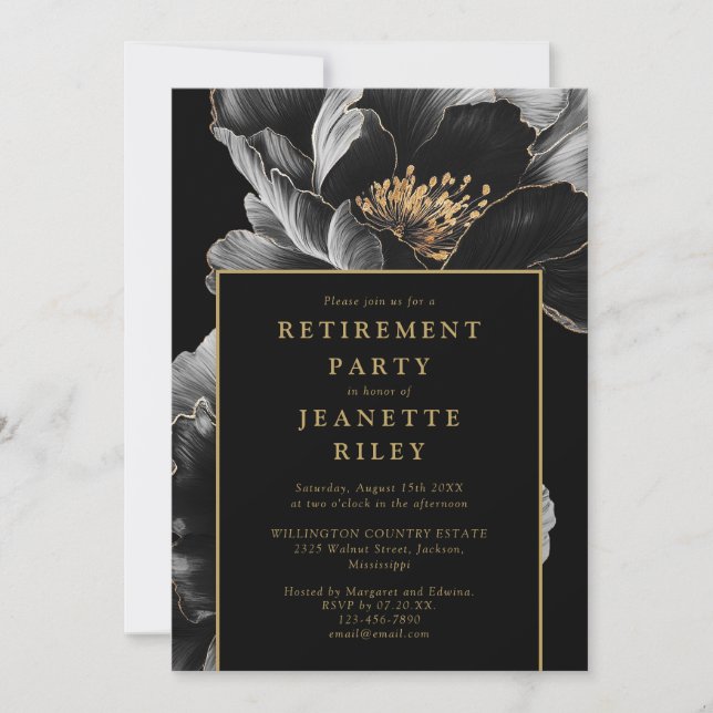 Svart och guld elegant blomsterfirande pensionärsf inbjudningar (Framsida)