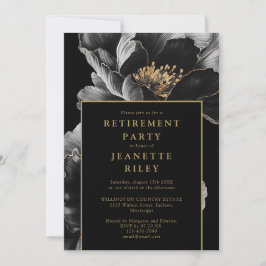 Svart och guld elegant blomsterfirande pensionärsf inbjudningar