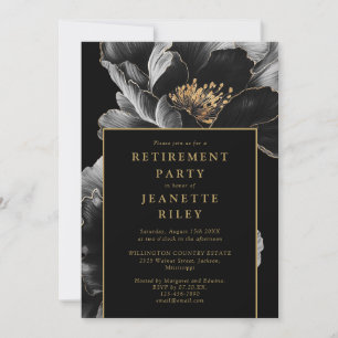 Svart och guld elegant blomsterfirande pensionärsf inbjudningar