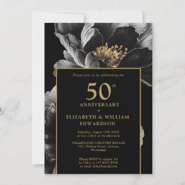 Svart och guld elegant blomstermotiv 50-årsjubileu inbjudningar