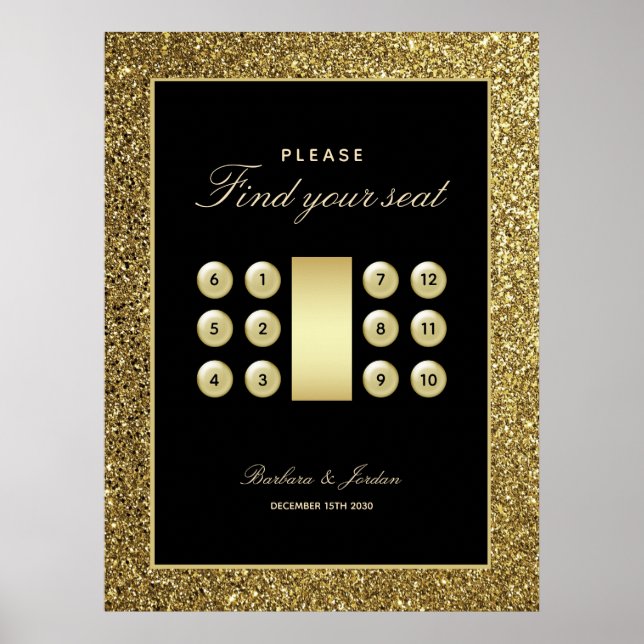 Svart och guld Elegant Bröllops Sittplatskarta Poster (Framsidan)