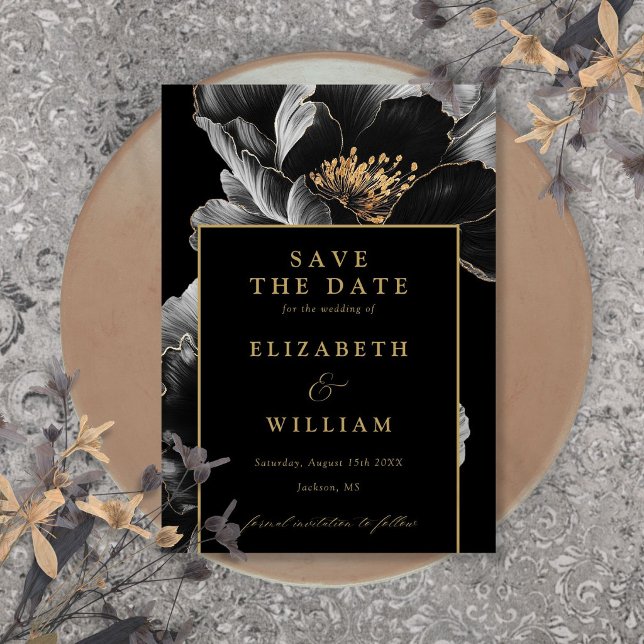 Svart Och Guld Elegant Chic Blommig Bröllop Spara Datumet (Black And Gold Elegant Chic Floral Wedding Save The Date)