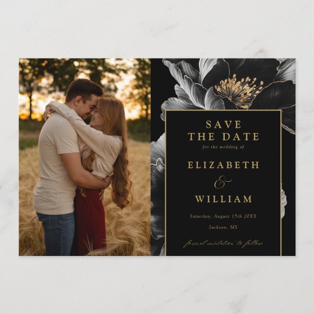 Svart Och Guld Elegant Chic Blommig Foto Bröllop Spara Datumet (Framsida)