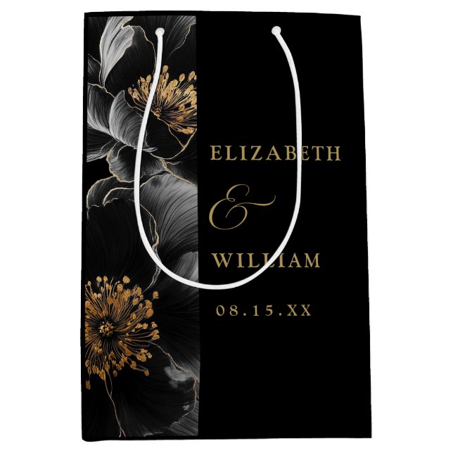 Svart Och Guld Elegant Modern Blommig Chic Bröllop (Framsidan)