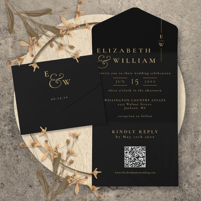 Svart och guld elegant monogram QR-kod bröllop (Black And Gold Elegant Monogram QR Code Wedding All In One Invitation)