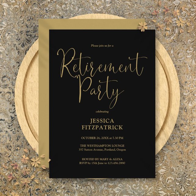 Svart Och Guld Elegant Skript Pensionärsfest Inbjudningar (Black And Gold Elegant Script Retirement Party Invitation)