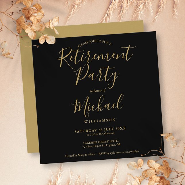 Svart och guld Elegant skript pensionsfest Inbjudningar (Black And Gold Elegant Script Retirement Party Invitation)