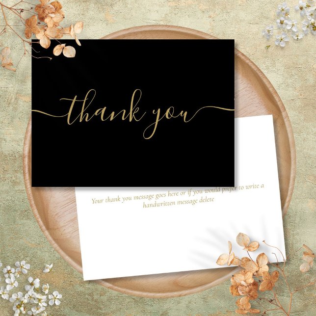 Svart och guld Enkel Modern Elegant Skrift Tack Kort (Black And Gold Simple Modern Elegant Script Thank You Card)