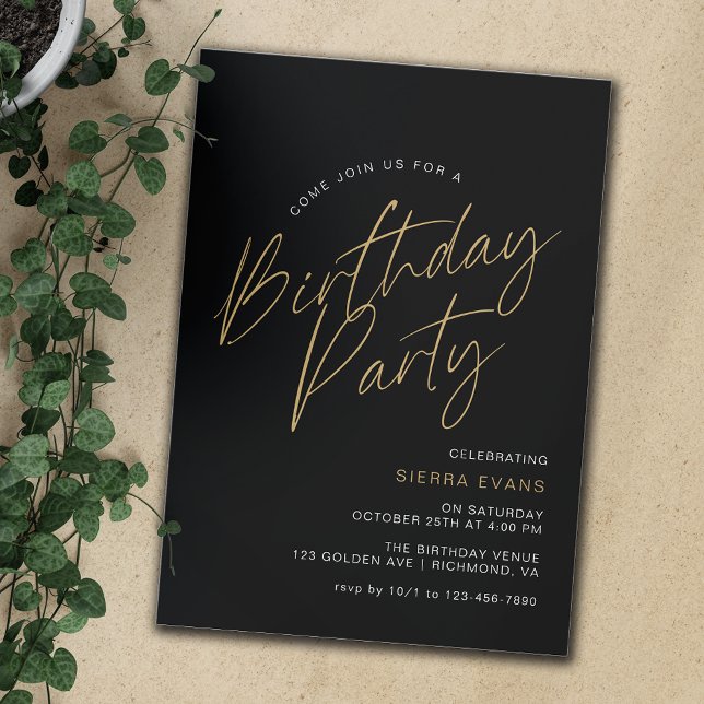 Svart och Guld | Enkelt minimal typografi födelsed Inbjudningar (Skapare uppladdad)