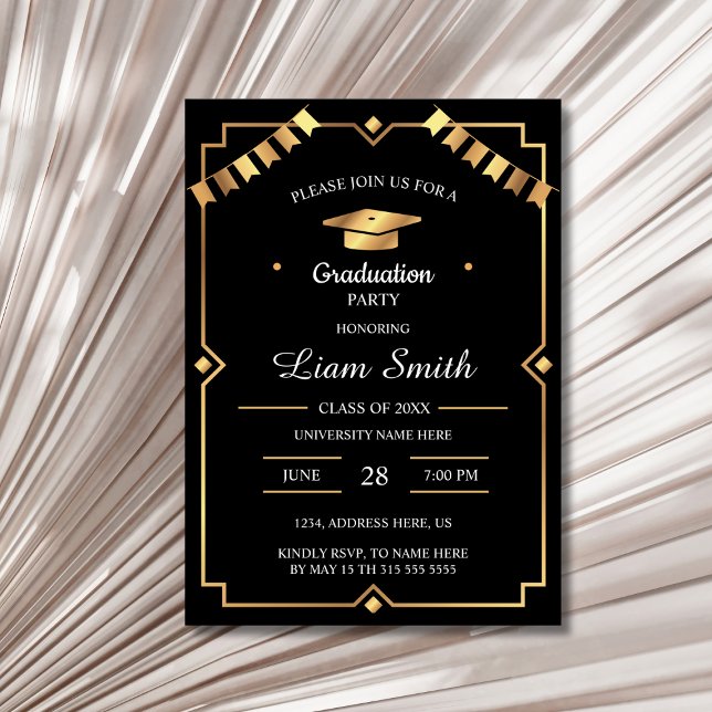 Svart och guld Examen Elegant Inbjudan (Elegant Black and Gold Graduation Party Card Invitation )