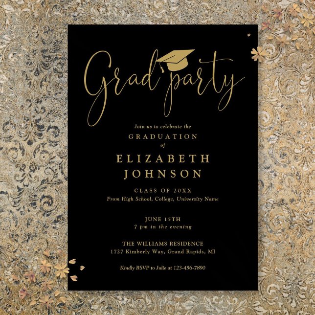 Svart och guld examen fest manus examen  inbjudningar (Black And Gold Grad Party Script Graduation Invitation)