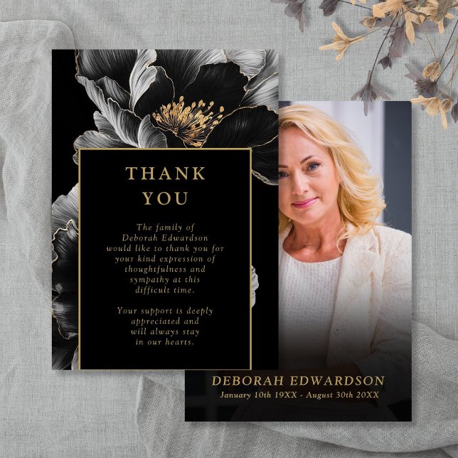 Svart och Guld Firande i livets begravningsfoto Tack Kort (Black And Gold Celebration Of Life Funeral Photo Thank You Card)