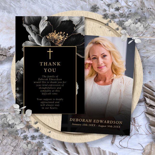 Svart och Guld Firande i livets begravningsfoto Tack Kort (Black And Gold Celebration Of Life Funeral Photo Thank You Card)