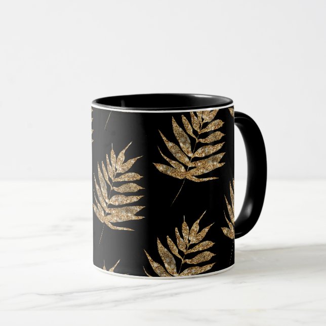 Svart och guld Fjäderlövsmönstrad kaffekopp (Framsida höger)