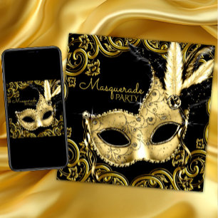 Svart och guld fjädermaskerad Maskeradfest Inbjudningar
