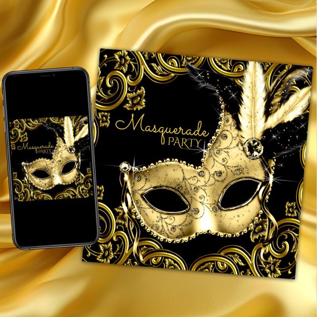 Svart och guld fjädermaskerad Maskeradfest Inbjudningar (Black and gold masquerade party invitation with beautiful gold mask and gold swirls. Any occasion.)