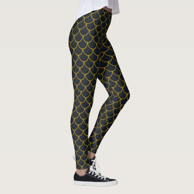 Svart och guld fjälligt vågmönster leggings (Höger)