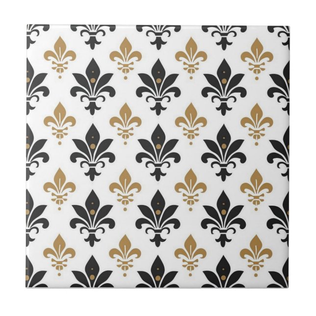 Svart och guld Fleur-de-lis-mönster Kakelplatta (Framsidan)