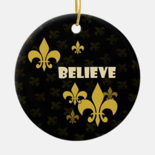 Svart och Guld Fleur de Lis Tro Julgransprydnad Keramik