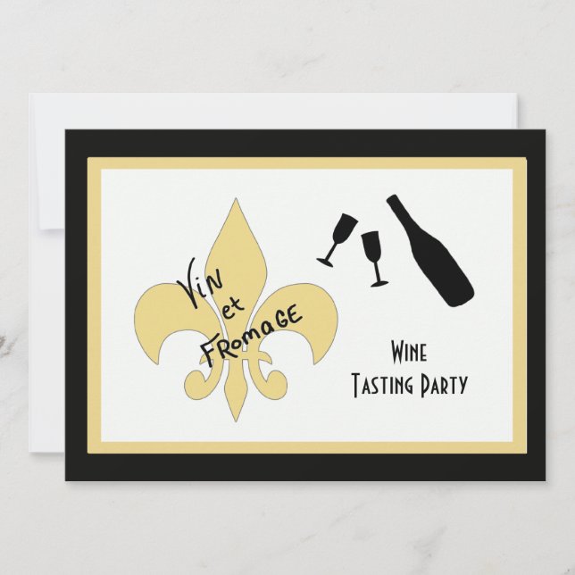 Svart och Guld Fleur de Lis Vin avsmakninginbjudan Inbjudningar (Framsida)