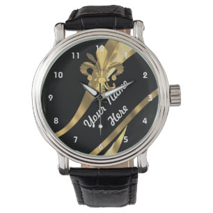 Svart och guld fleur de lys personlig armbandsur