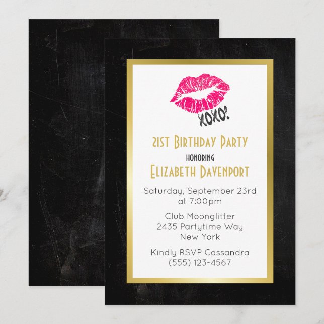 Svart och Guld-födelsedag med Rosa Kissy Läppar Inbjudningar (Fram/baksida)
