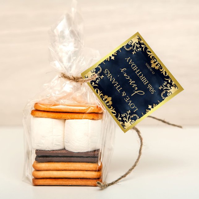 Svart och guld, födelsedagsfest för prydnadsdjur t gåvor etiketter (Black and gold ornamental birthday party thank you favor gift tags elegant favor tags 50ieth 60ieth)