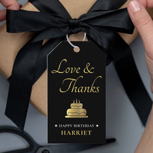 Svart och Guld, födelsedagskaka Tack Presentetikett (Black & Gold Birthday Cake Thank You Gift Tags)