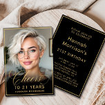 Svart och Guld-födelsedagstjuber till 21 års foto Inbjudningar<br><div class="desc">Fira i stil med den här guld- och svarta födelsedagsfotoinbjudan, med chic guld-skriptet "Cheers to 21 Years". Personlig med ditt foto är den här moderna och elegant designen perfekten för att markera en milstolpe på 21:a födelsedag. På framsidan framhävs hedersgästen med fet typografi, medan baksidan ger all information om party...</div>