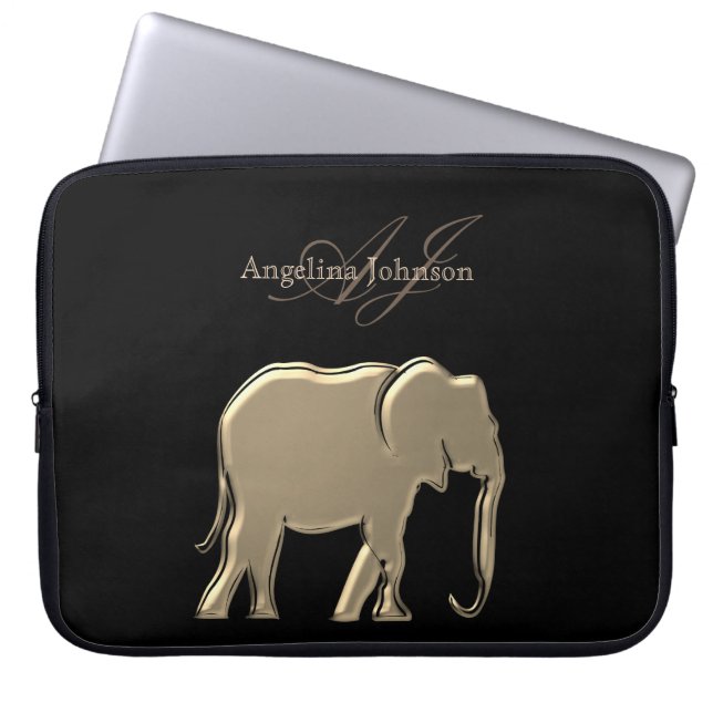 Svart och guld folie Elefant Elegant Monogram Laptop Fodral (Framsidan)