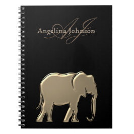 Svart och guld folie elefant modern monogram anteckningsbok med spiral