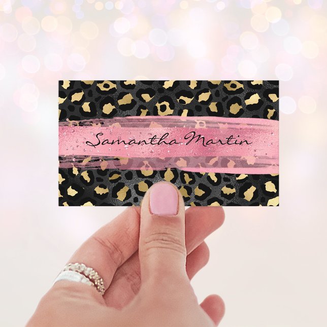 Svart och guld folie leopard rosa penseldrag visitkort (Black and Gold Foil Leopard Pink Brush Stroke Business Card)