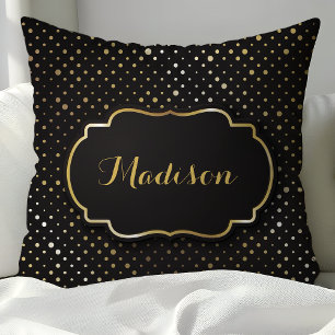 Svart och guld folie prickig konfetti monogram kudde
