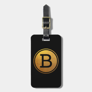 Svart och guld folieeffekt cirkelmonogram bagagebricka