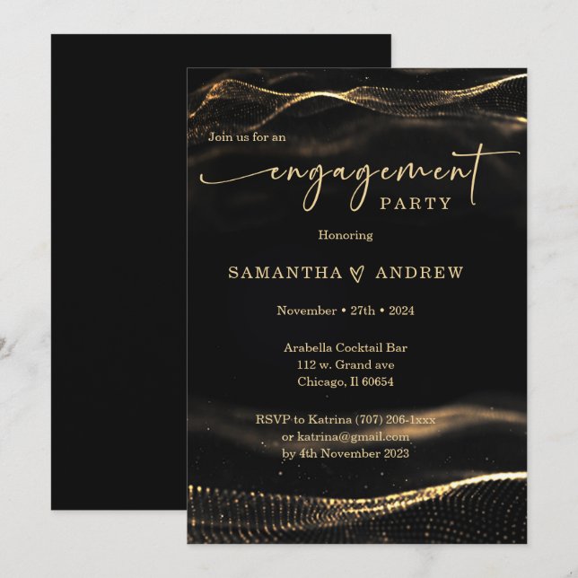 Svart och guld Förlovningsfest-mall Inbjudningar (Fram/baksida)