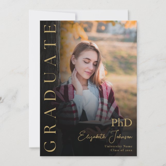 Svart Och Guld Foto PhD-Examen Annonsering Inbjudningar (Framsida)