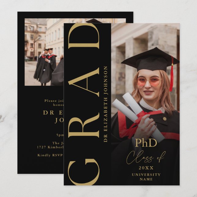 Svart och Guld-foto-PhD-gradens Studentfest Inbjudningar (Fram/baksida)