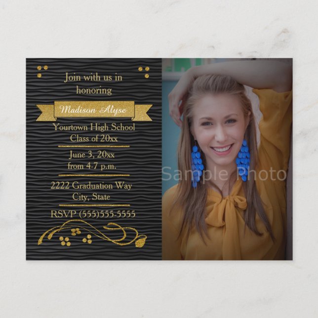 Svart och Guld-fotokort för Studentfest Inbjudan Vykort (Framsida)