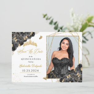 Svart och Guld-fotokort Quinceañera Spara datum Inbjudningar