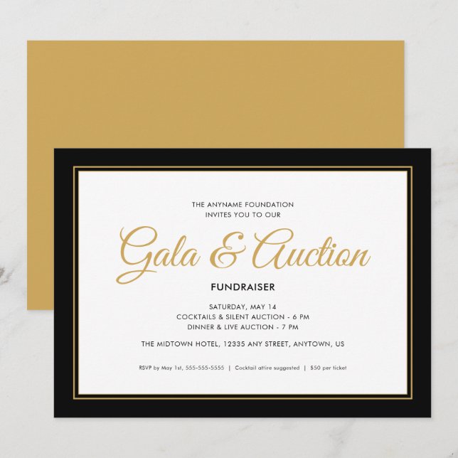 Svart och Guld Gala Auction and Fundraiser Inbjudningar (Fram/baksida)