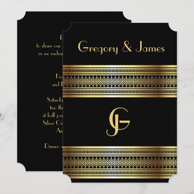 Svart och Guld Gay/Lesbisk bröllopsinbjudan Inbjudningar (Fram/baksida)