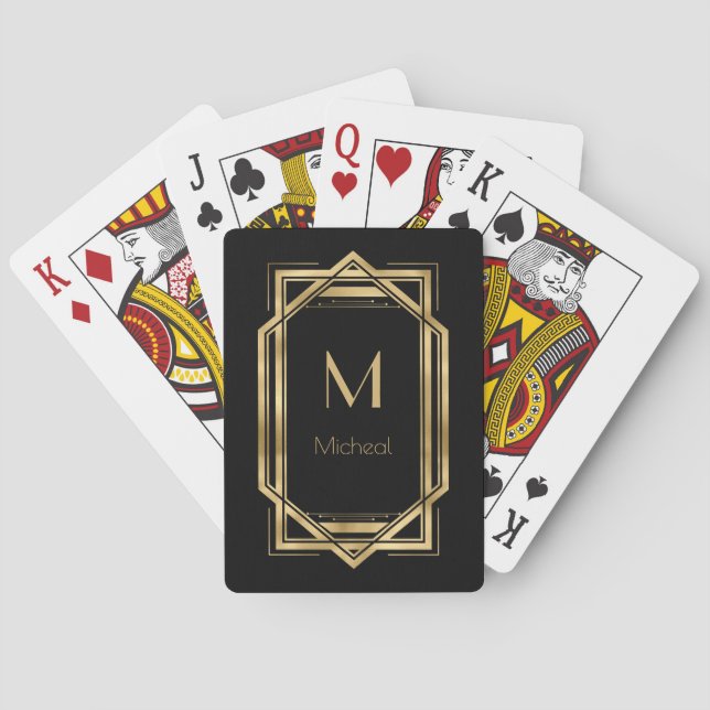 Svart och Guld Geometric | Monogram och Namn Casinokort (Baksidan)