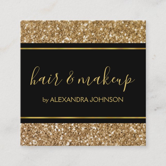 Svart och Guld Girly Gnistra Glitter Salon Fyrkantigt Visitkort (Framsida)