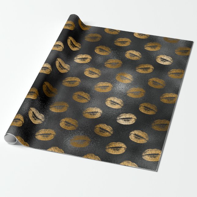 Svart och guld Glam läppmönster Presentpapper (Utrullad)