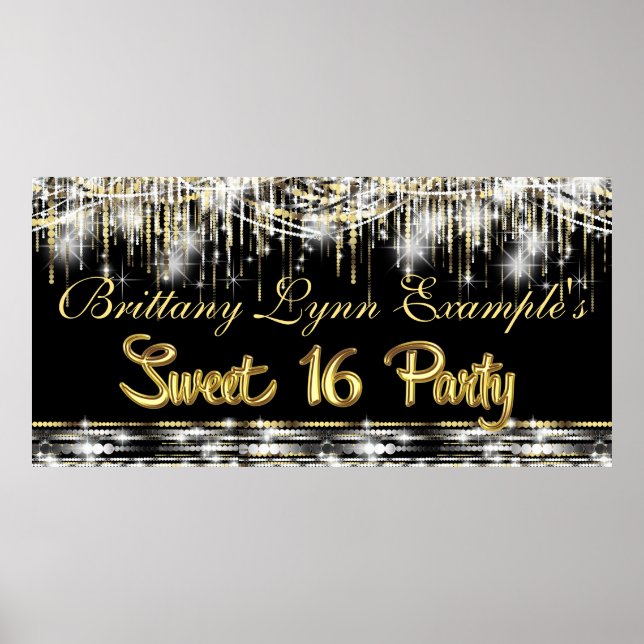 Svart och Guld Glam Sweet 16 Party Banner Poster (Framsidan)