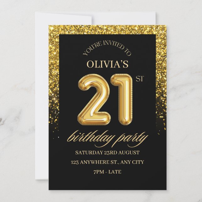 Svart och guld glitter 21-års födelsedagsfest  inbjudningar (Framsida)