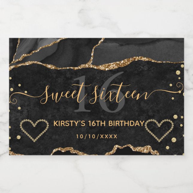 Svart och guld glitter agat marmor Sweet 16  (Enkel etikett)