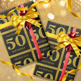 Svart och Guld Glitter Anpassat namn 50:e födelsed Presentpapper