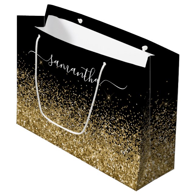 Svart och guld glitter elegant namn (Framsidan Vinklad)