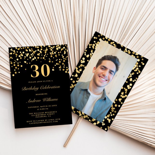 Svart och Guld Glitter Foto 30 30års födelsedag Inbjudningar (Skapare uppladdad)